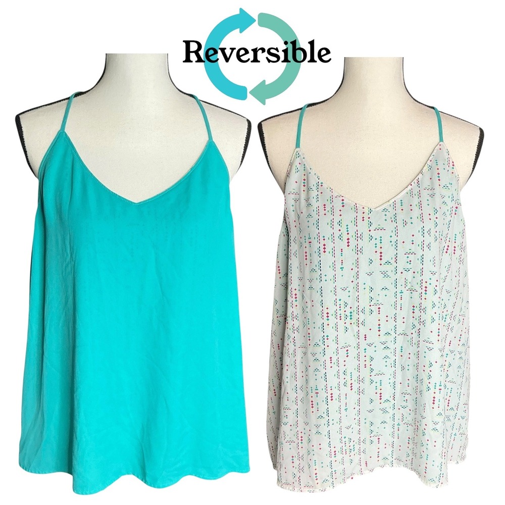 Teal Reversible Geometric Print Tank Top Women Size L V-Neck Camisole
